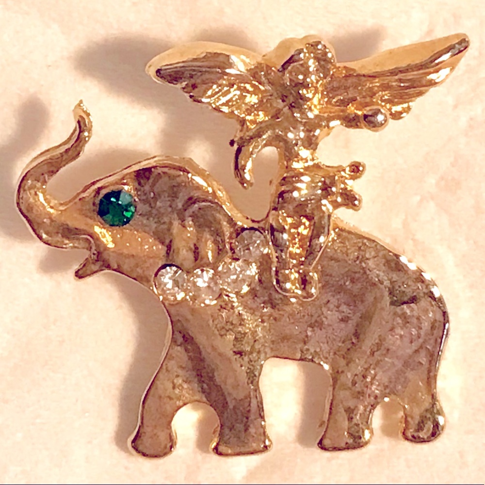 Guardian Angel Elephant lapel pin with Emerald & Clear Crystals gold plated.